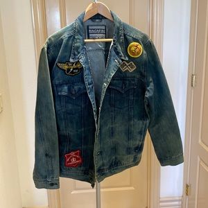 RING OF FIRE - never worn XL blue denim jacket with patchesl